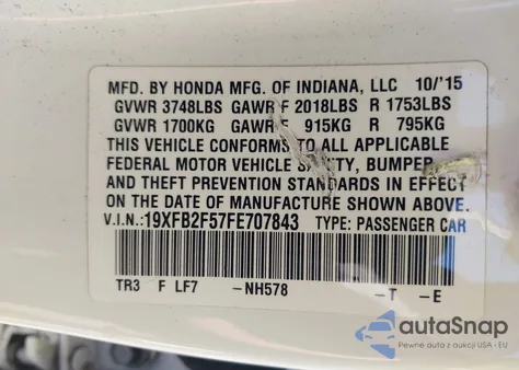 2015 Honda Civic Lx z USA, uszkodzony, nr VIN 19XFB2F57FE707843